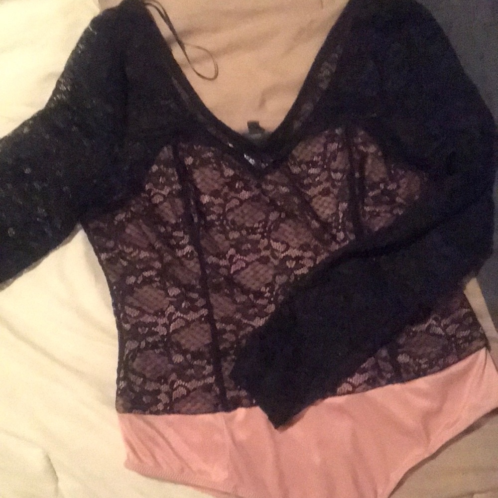 Black/pink net bodysuit top